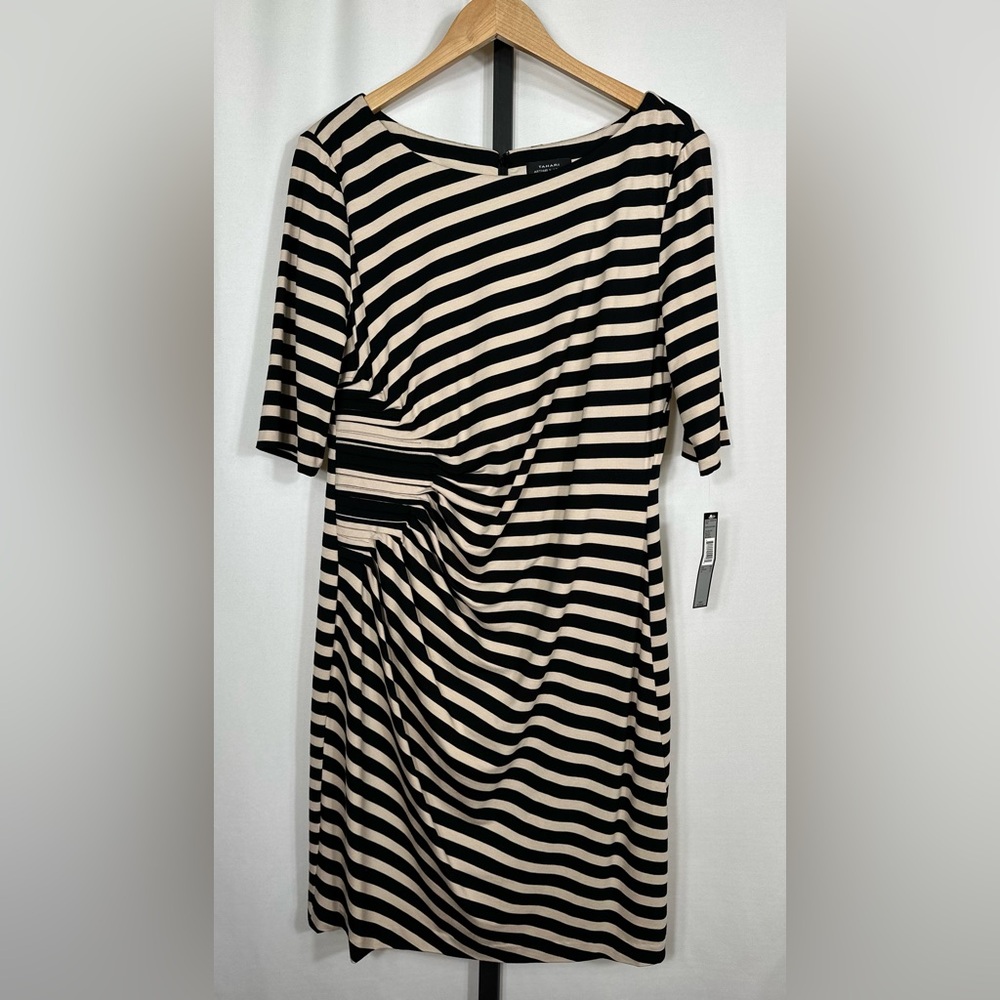 NWT Tahari Arthur Levine Black and Cream Striped Side Ruched Dress- Size 16